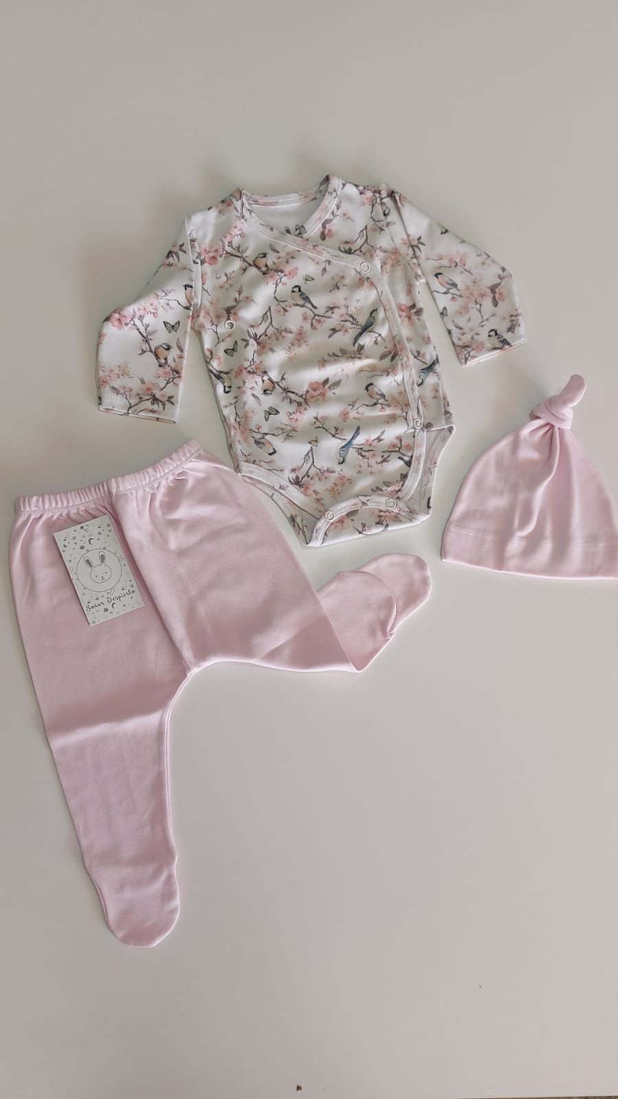 Ajuar de Bebé 3 Piezas "Soñar Despierto" - Estampado Flores y Pajaritos / Rosa