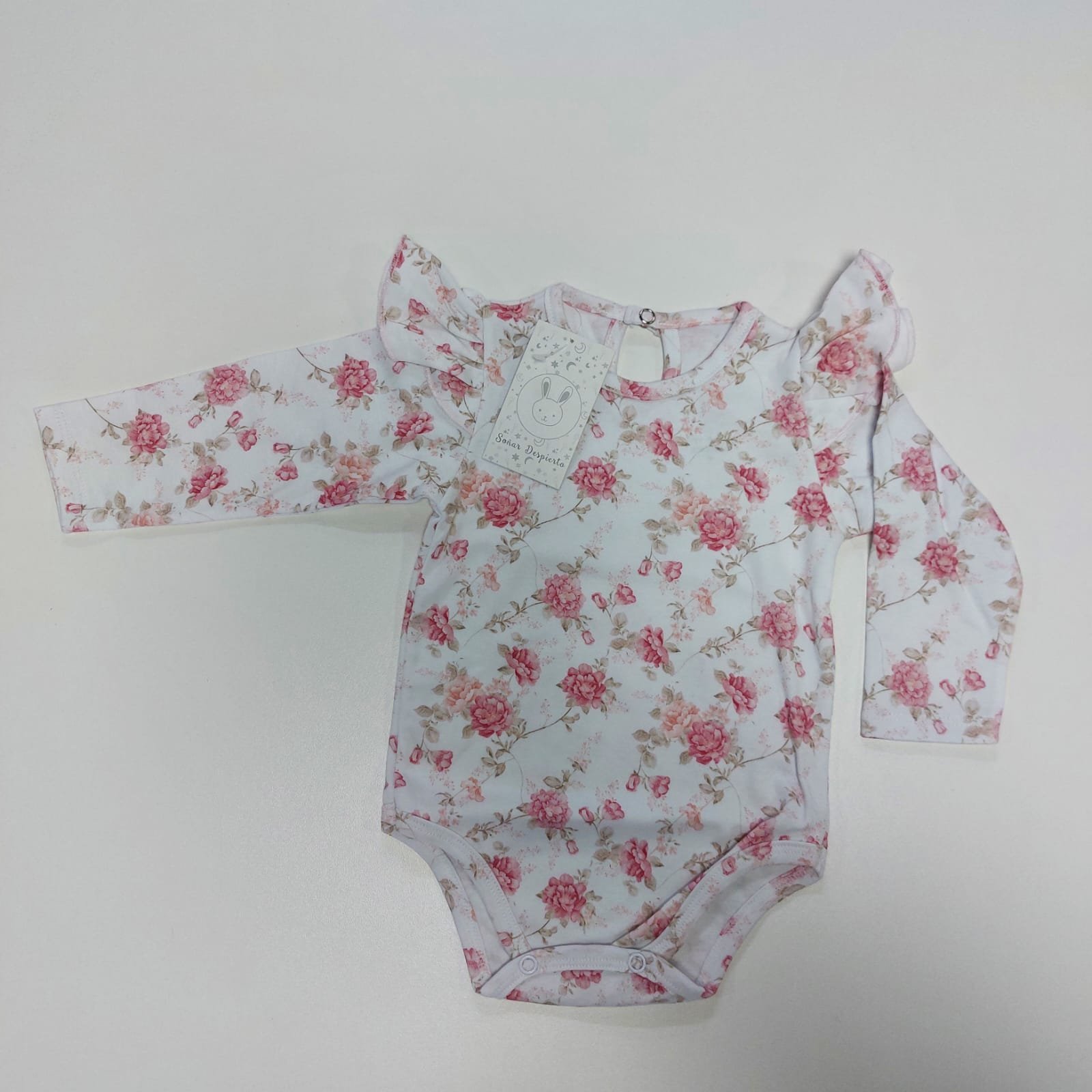 Body Bebé Manga Larga Floral con Volados – Rosa