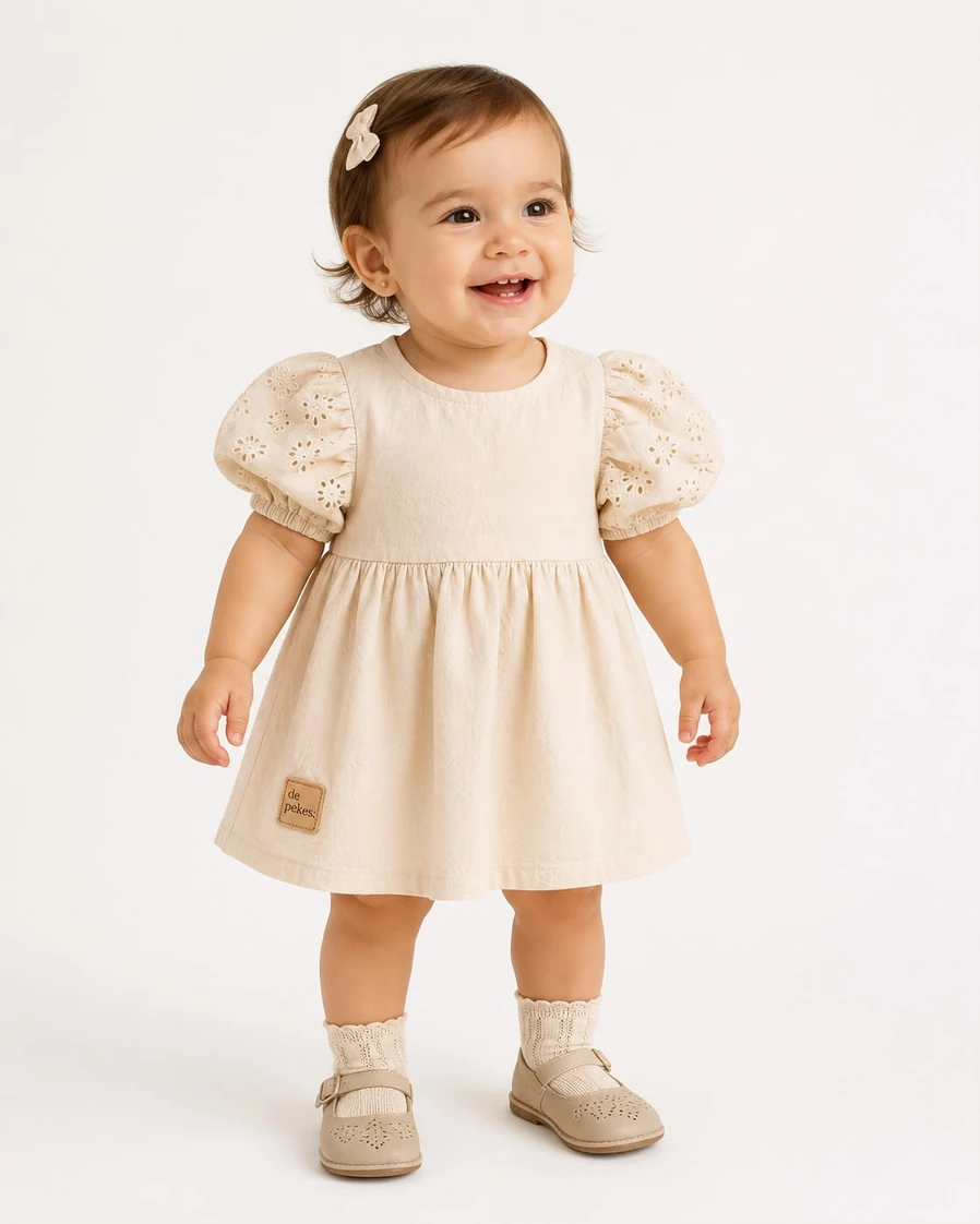 Vestido Bebé de Tusor con Mangas de Broderie
