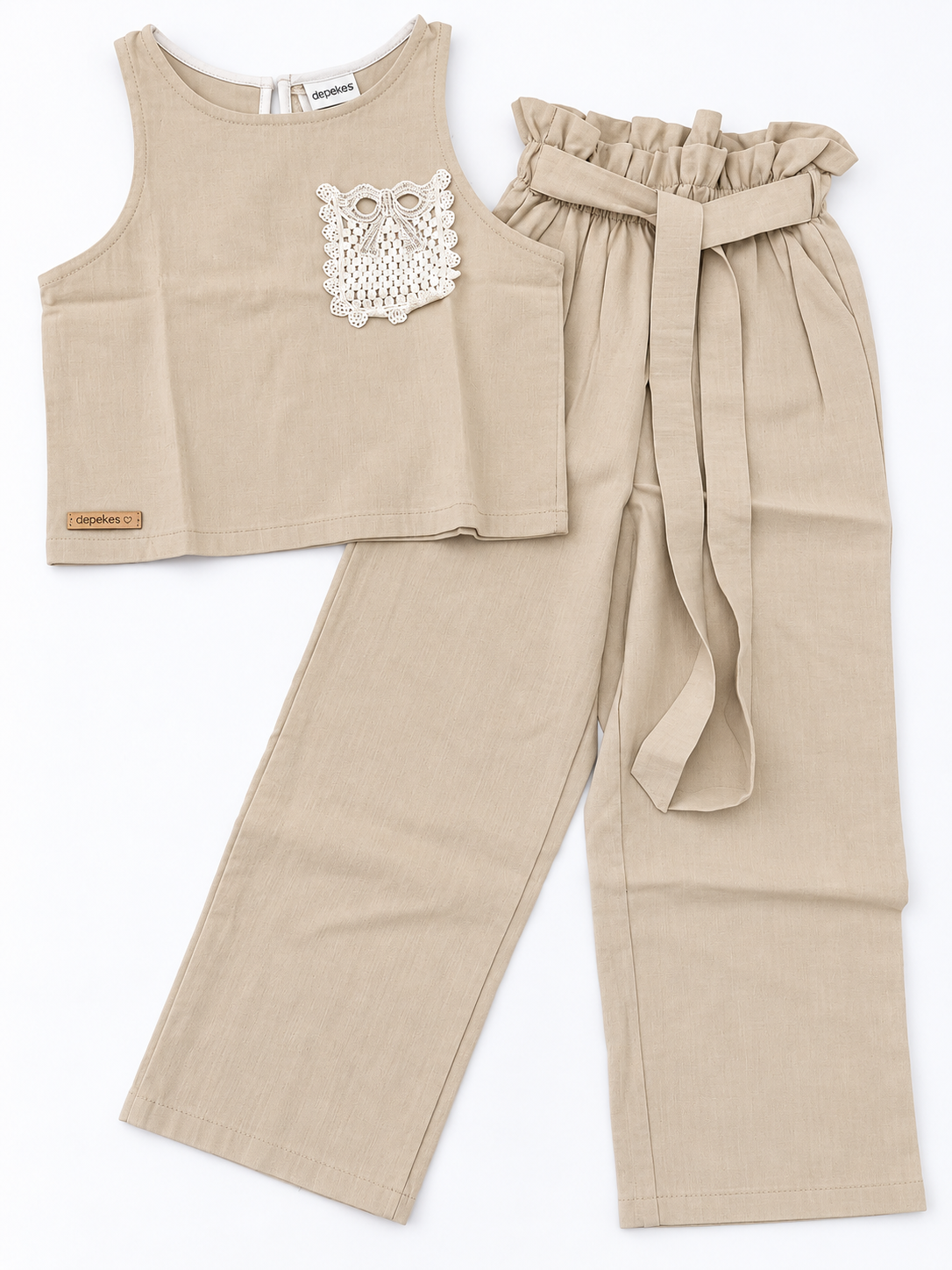 Conjunto Palazzo y Top de Tusor con Puntilla – Beige