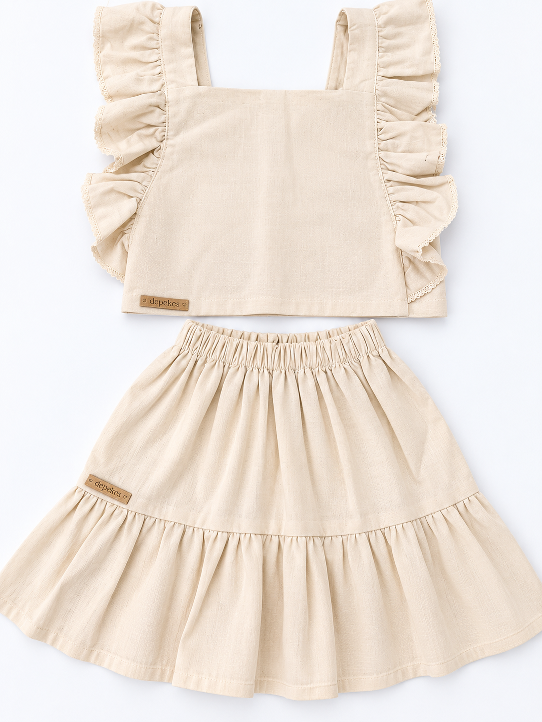 Conjunto Infantil de Tusor con Top de Volados y Falda – Natural