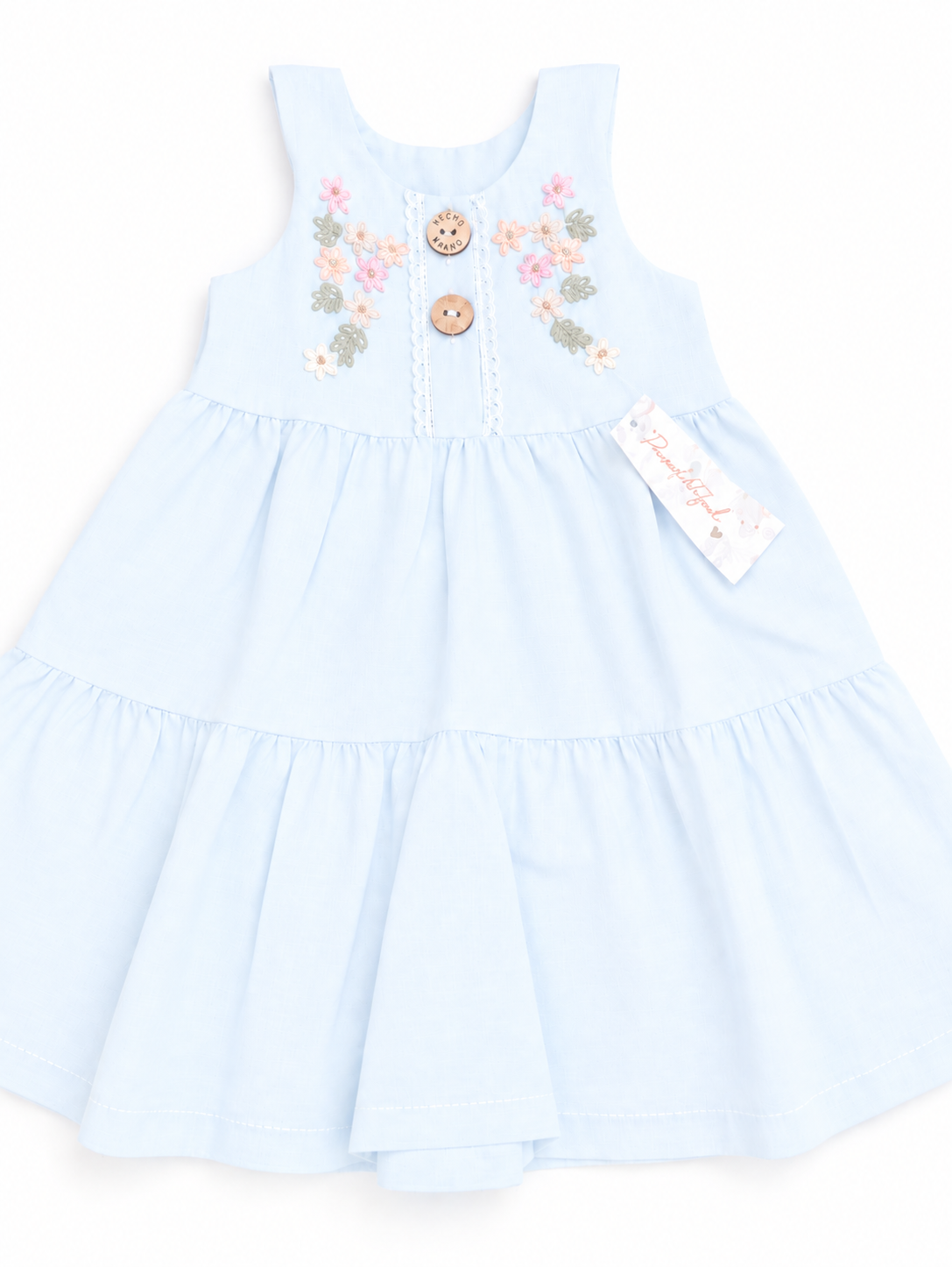 Vestido Infantil Celeste con Bordado Floral y Volados
