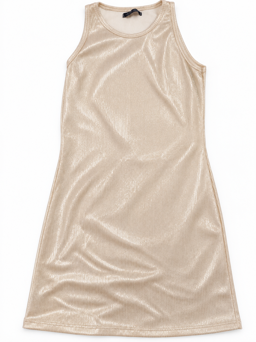 Vestido Corto Champagne con Brillo Acanalado