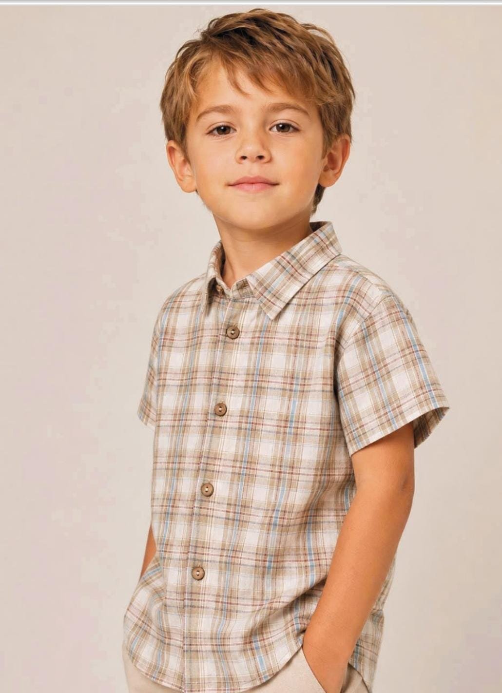 Camisa Infantil de Cuadros Beige y Celeste Manga Corta