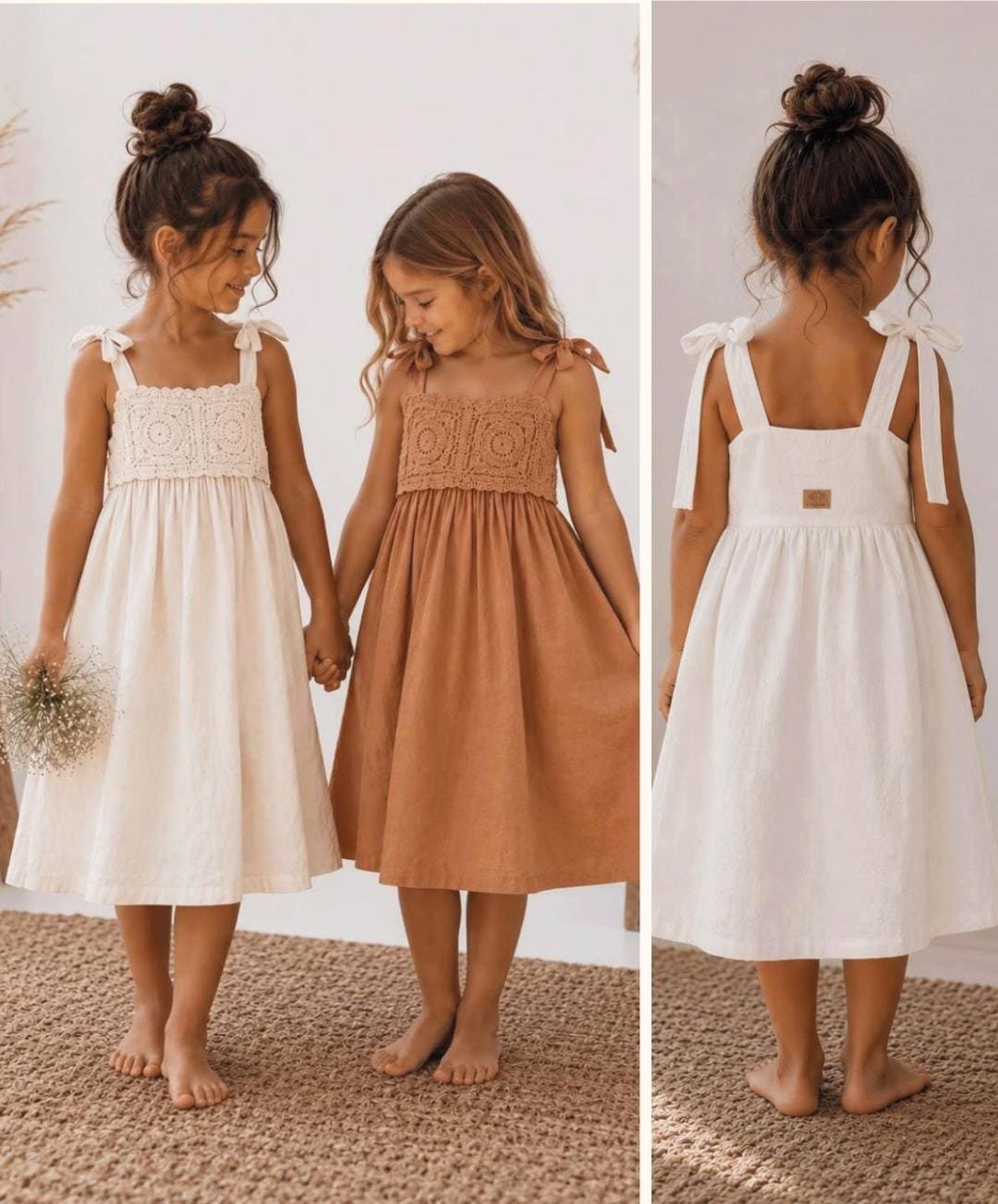Vestido Infantil Marfil con Crochet y Lazos