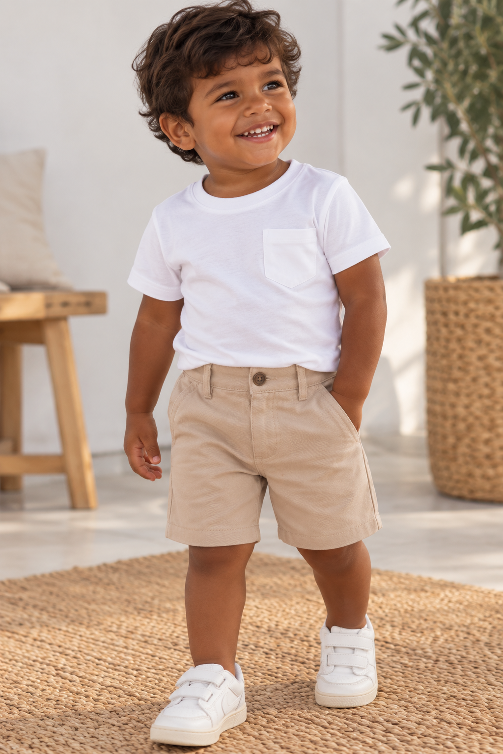Short Infantil Básico de Gabardina – Beige y Blanco