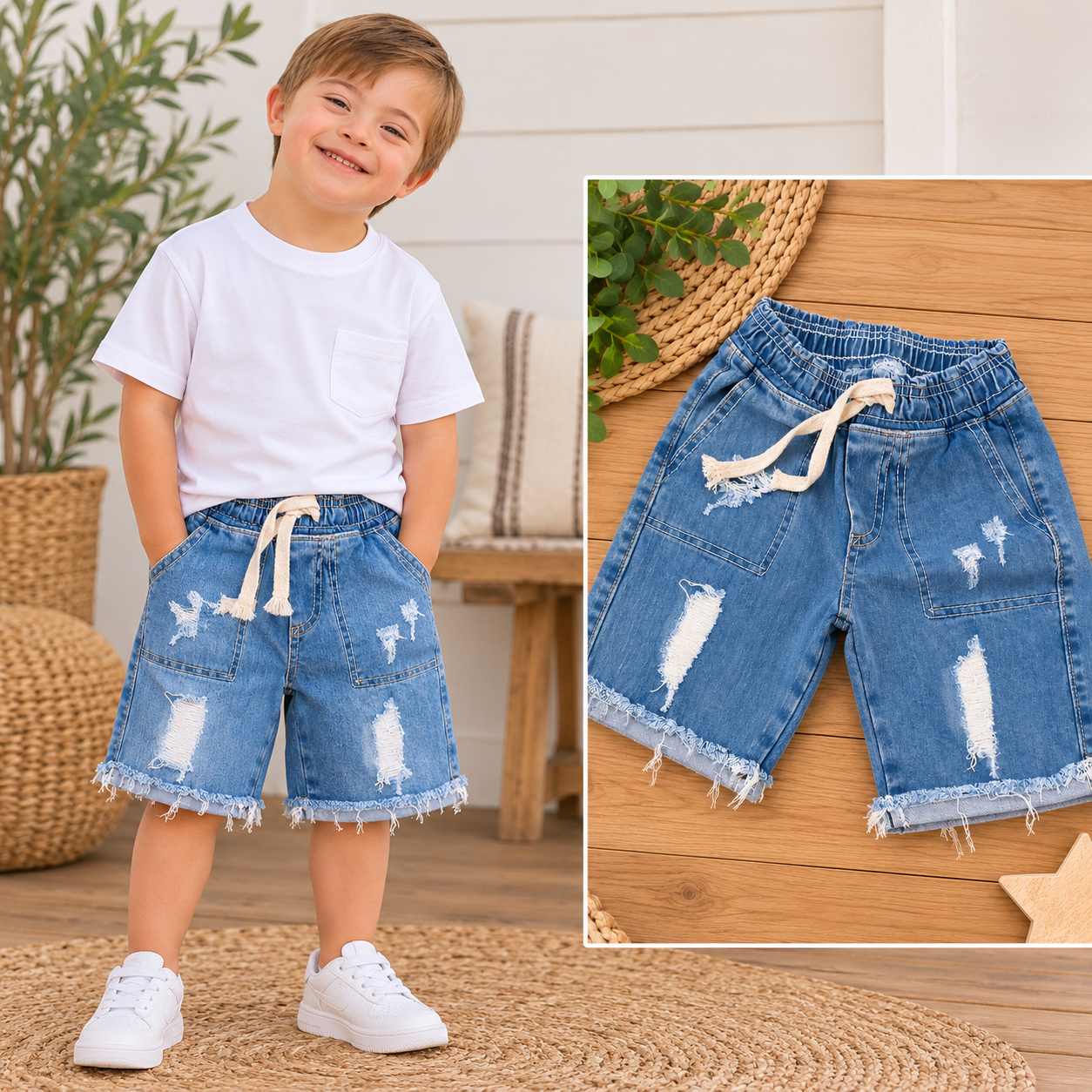 Short de Jean Infantil con Roturas y Cintura Elastizada